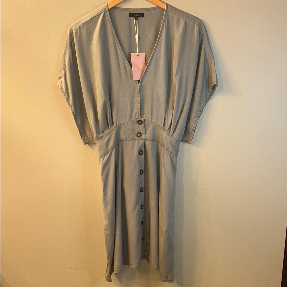 Quince Pale Blue V-Neck Button-Front Midi Dress